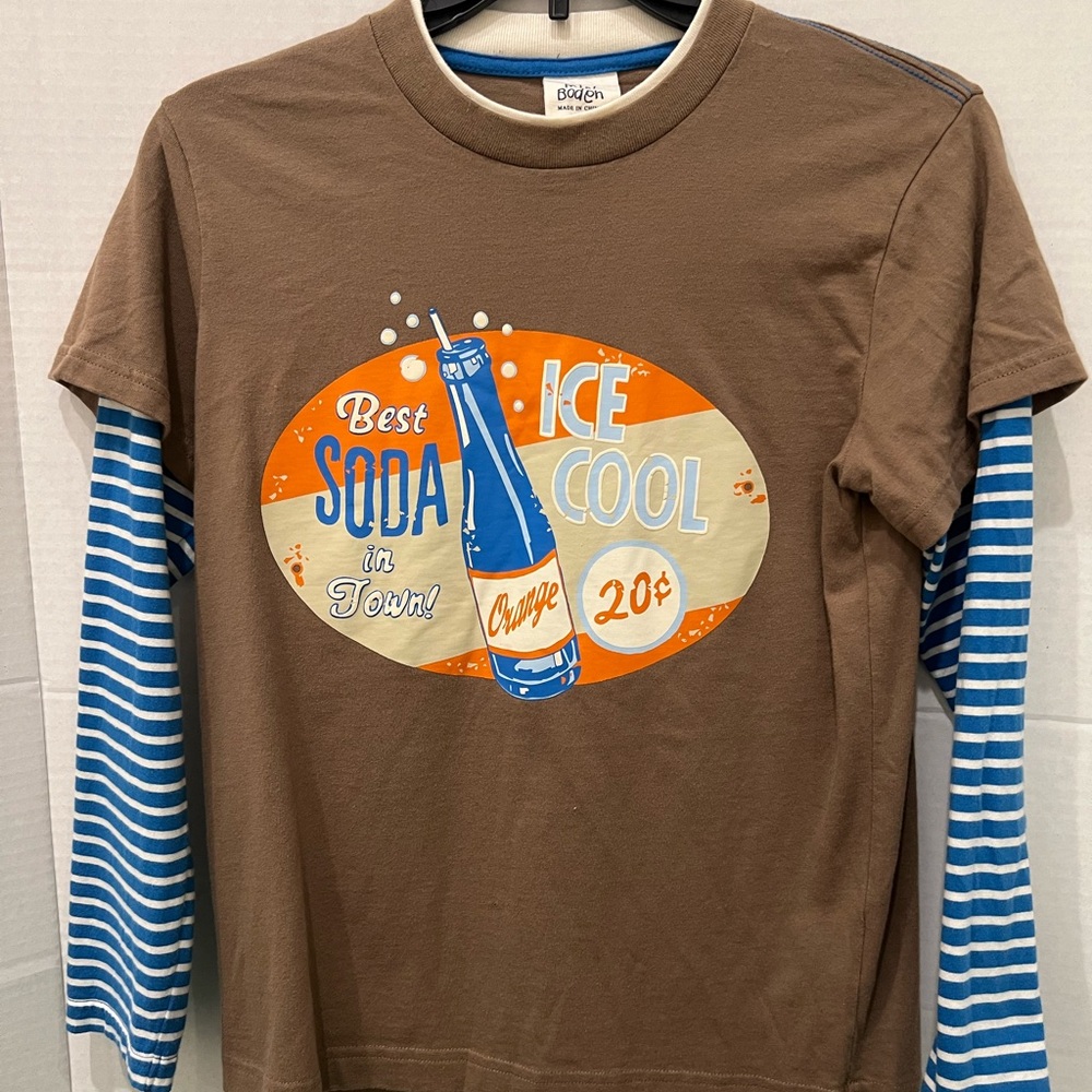 Brown MINI BODEN Kids Shirt SIZE 9 - 10 w/ Blue Striped Sleeves Smoke free home